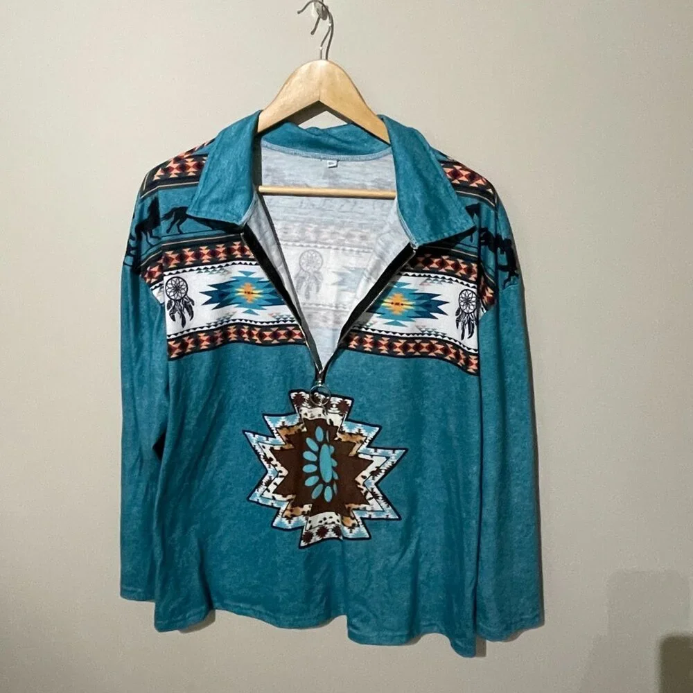 Southwestern Aztec Inspired Long Sleeve 1/4 Zip top 1X - Picture 5 of 8